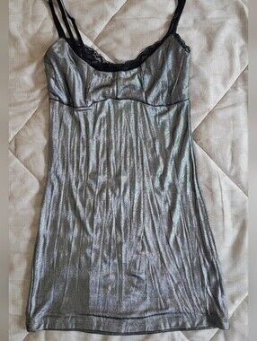 Urban Behavior Metallic Silver Babydoll Top with Black Lace Trim Size Xs/sheer